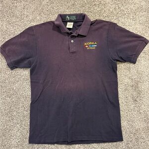 Korea Veteran Polo Shirt Mens Medium Blue Loose Fit Chest Logo USA‎ Made Fade